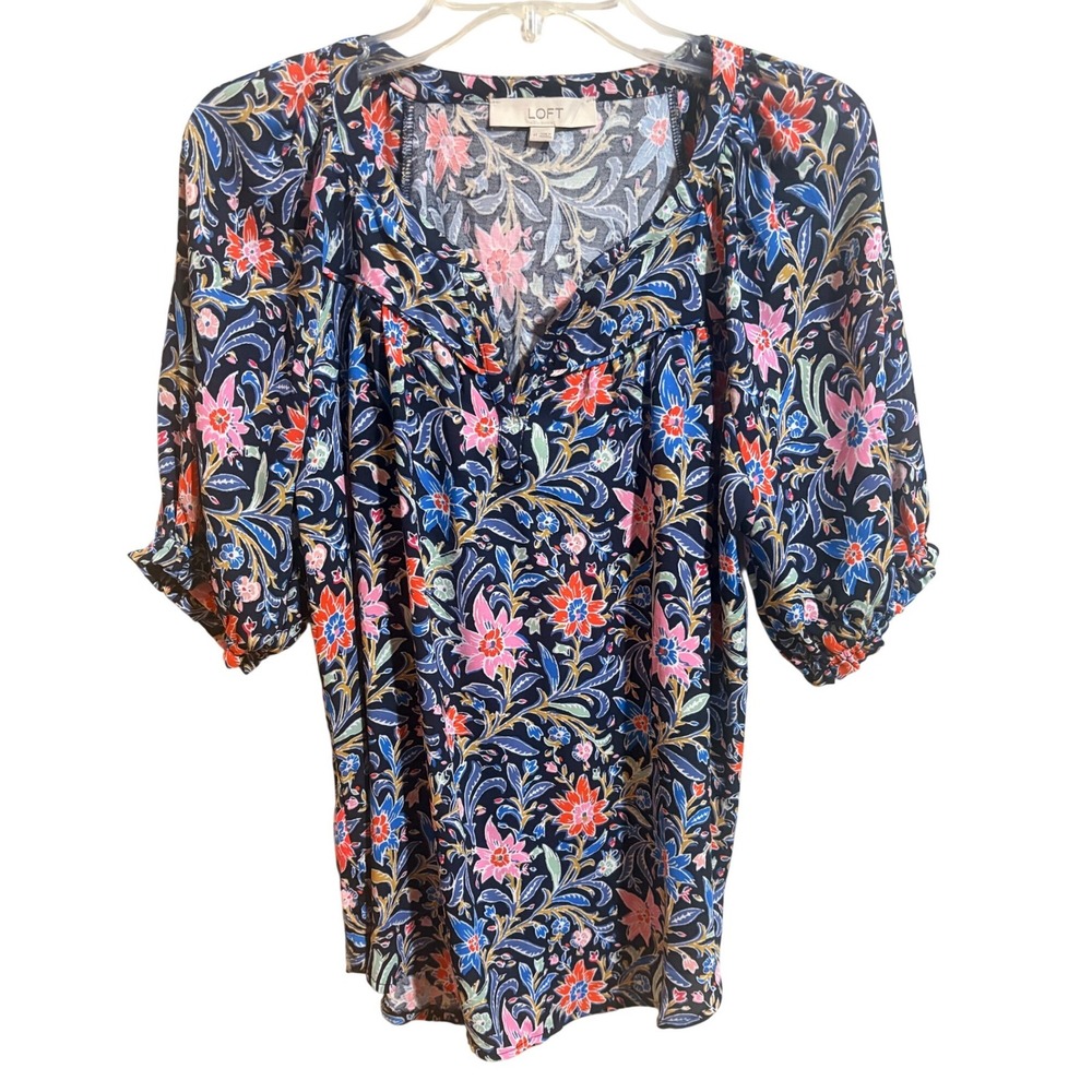LOFT Floral‎ Blouse Womens Medium Navy Blue Pink Excellent Ruffle Sleeve Top